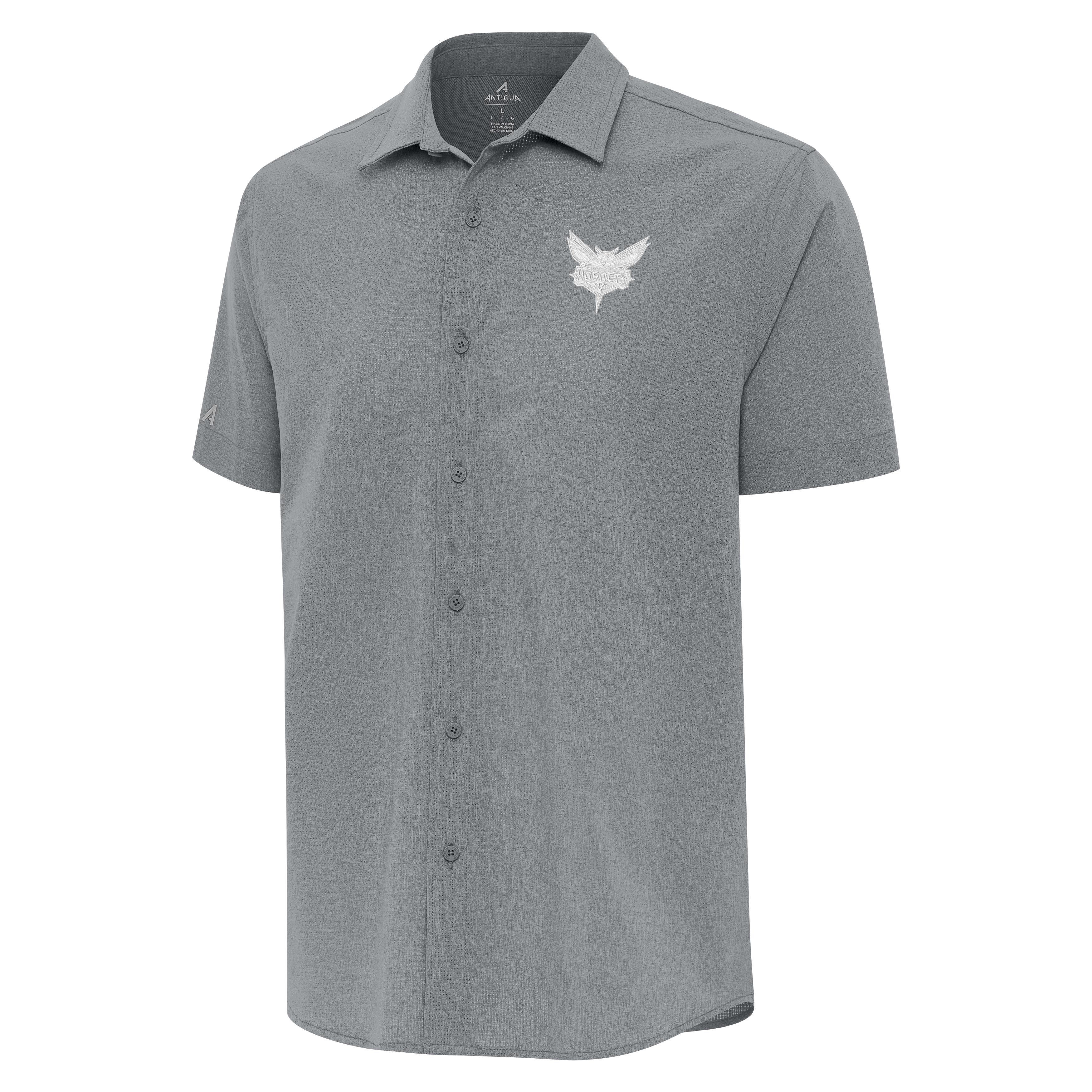 Antigua Men's Charlotte Hornets Activate Woven Shirt-Light Grey